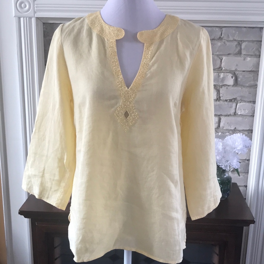 CAROLE LITTLE TUNIC BEADED TOP 100% LINEN SIZE M